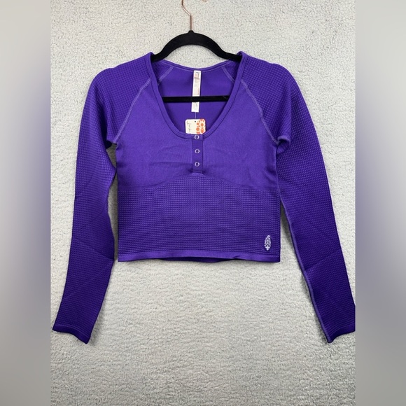 Free People Movement Top Bail Out Womens M/L Long Sleeve Layer Henley Crop Top N - Picture 3 of 13